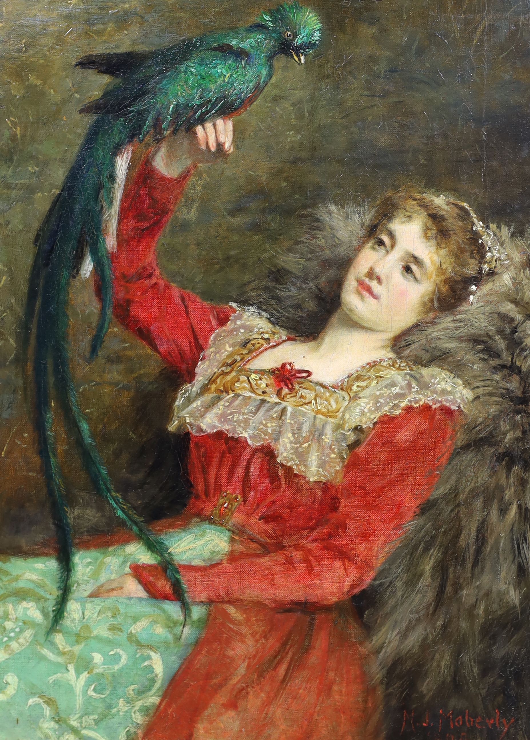 Mariquita Jenny Moberly RI (British 1855-1937), Lady with a Quetzel, oil on canvas, 40 x 30cm